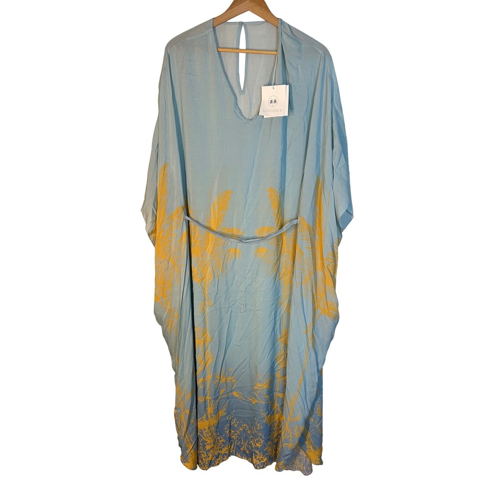 Carolina‎ K Kim Xim Kaftan Light Blue Yellow Cotton Maxi Dress XS NEW